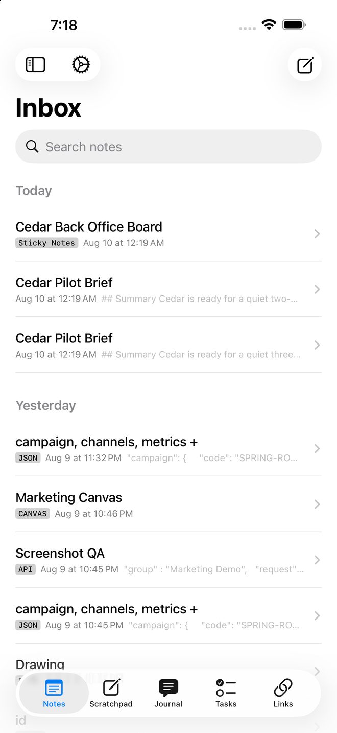 Inbox with mixed note types