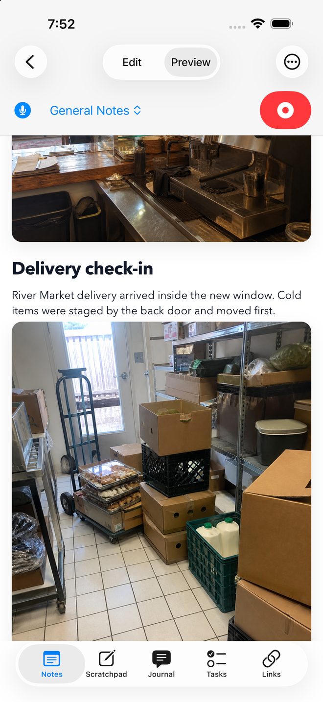 The same note in preview, with the photos drawn inline
