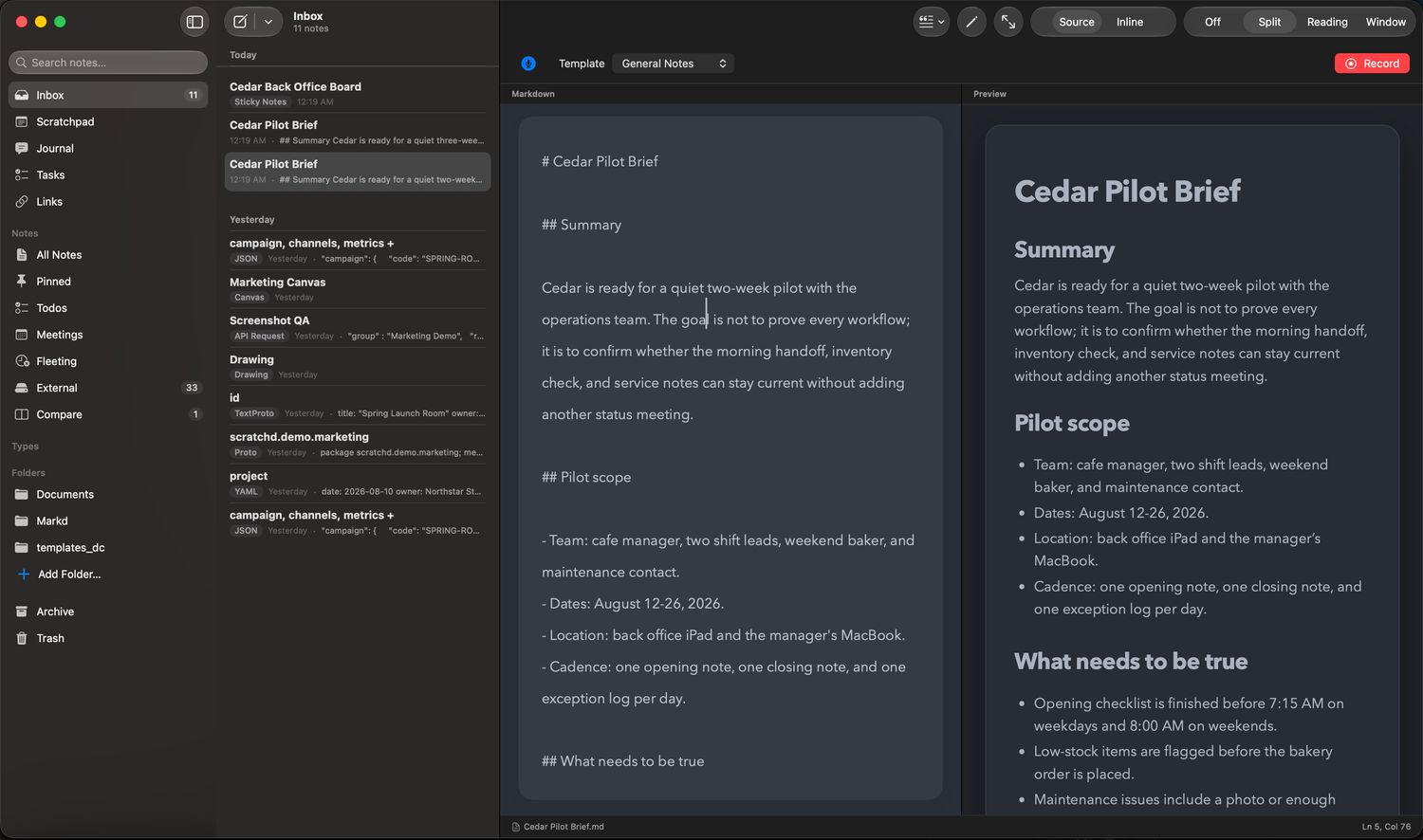 Markdown editor beside the live preview