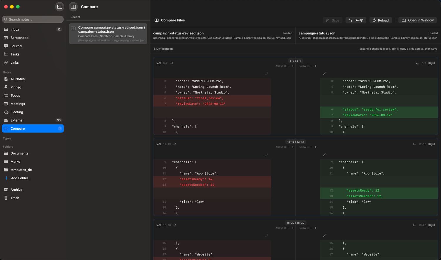 Two JSON files compared side by side